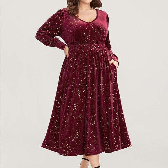 BloomChic Velvet Midi Dress w/ Gold Star Print – Raspberry Red (Size 18) - Picture 4 of 5